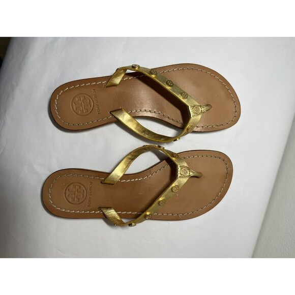 Tory‎ Burch Ricki Logo Studded Gold Leather Flat Thong Flip Flops Sandals Size 6 - Picture 2 of 10